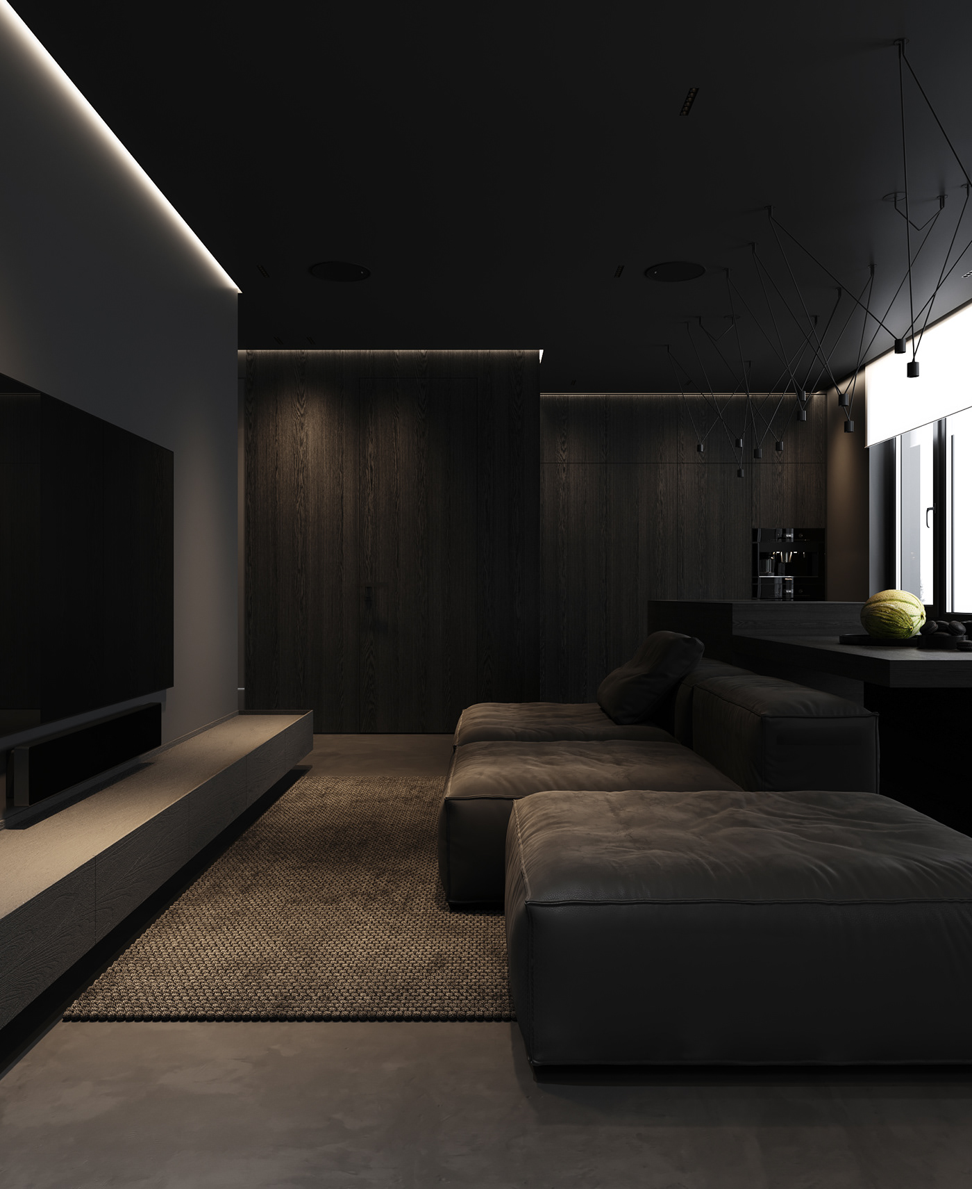 Гостиная с глянцевым потолком